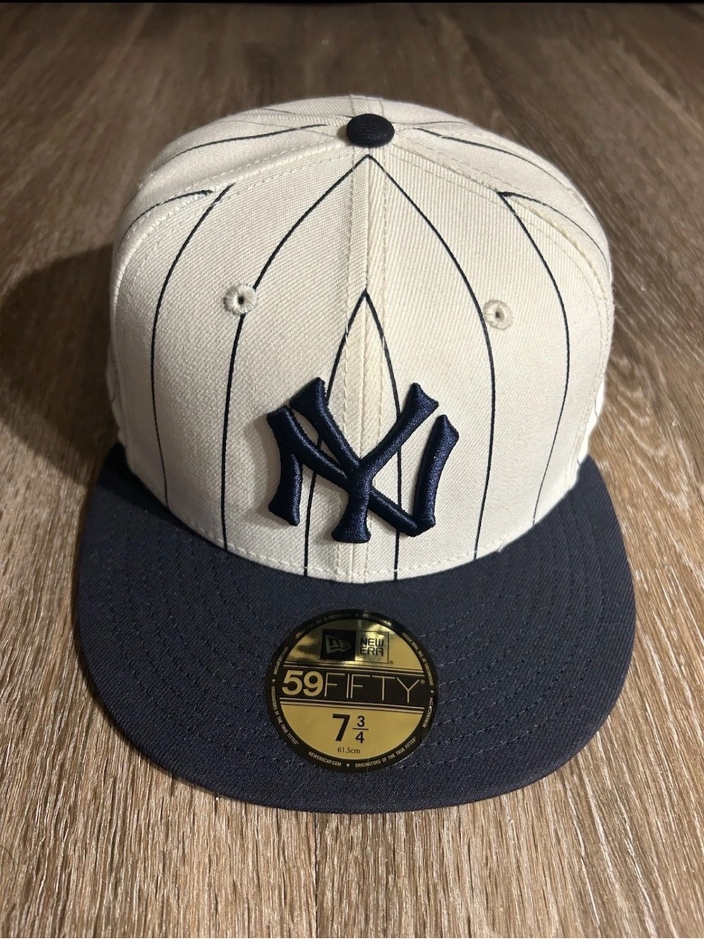 New Era Cream Pinstripe NY 59FIFTY Fitted Cap with Navy Brim